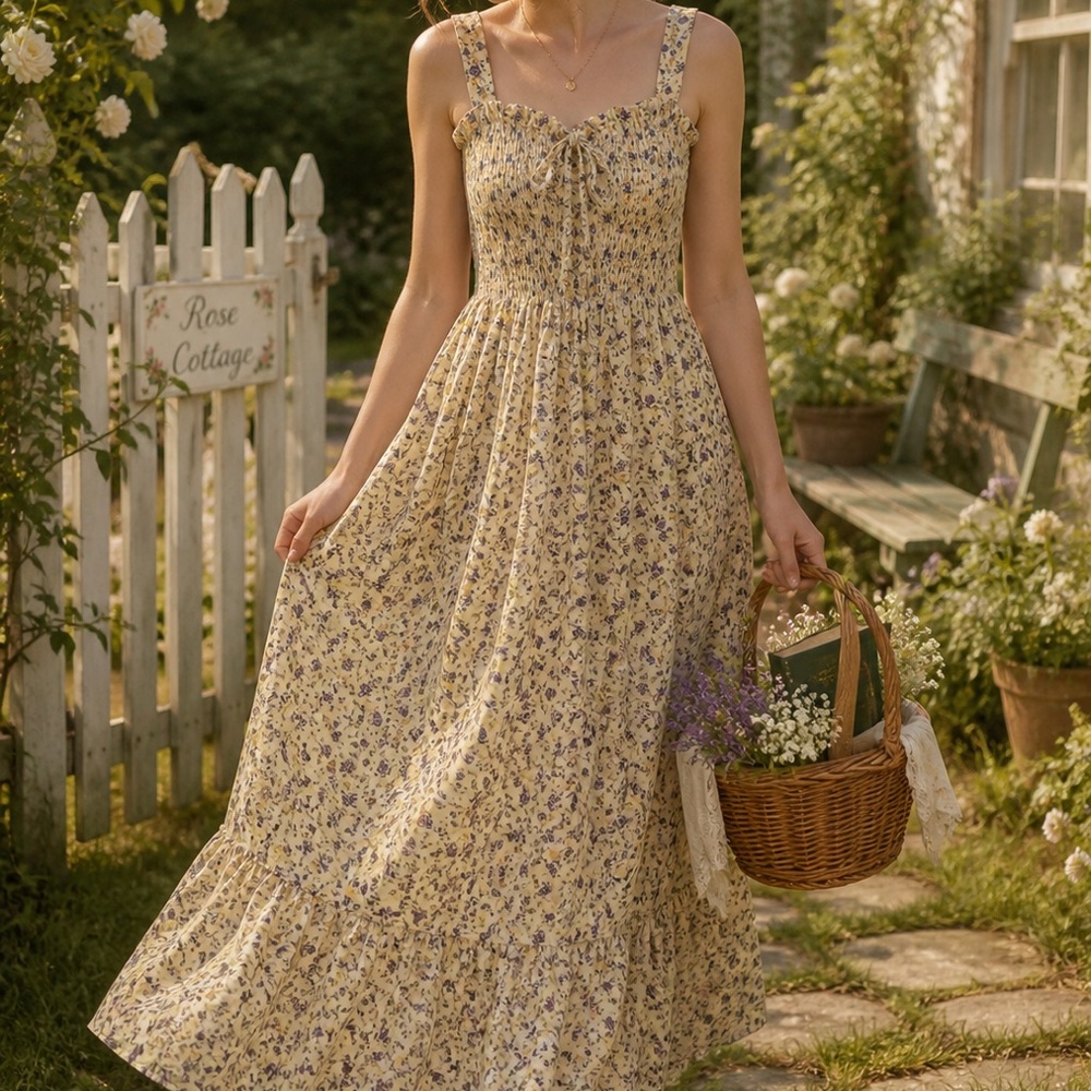 Floral Smocked Sundress in Cream with Purple Accent Cottagecore Summer